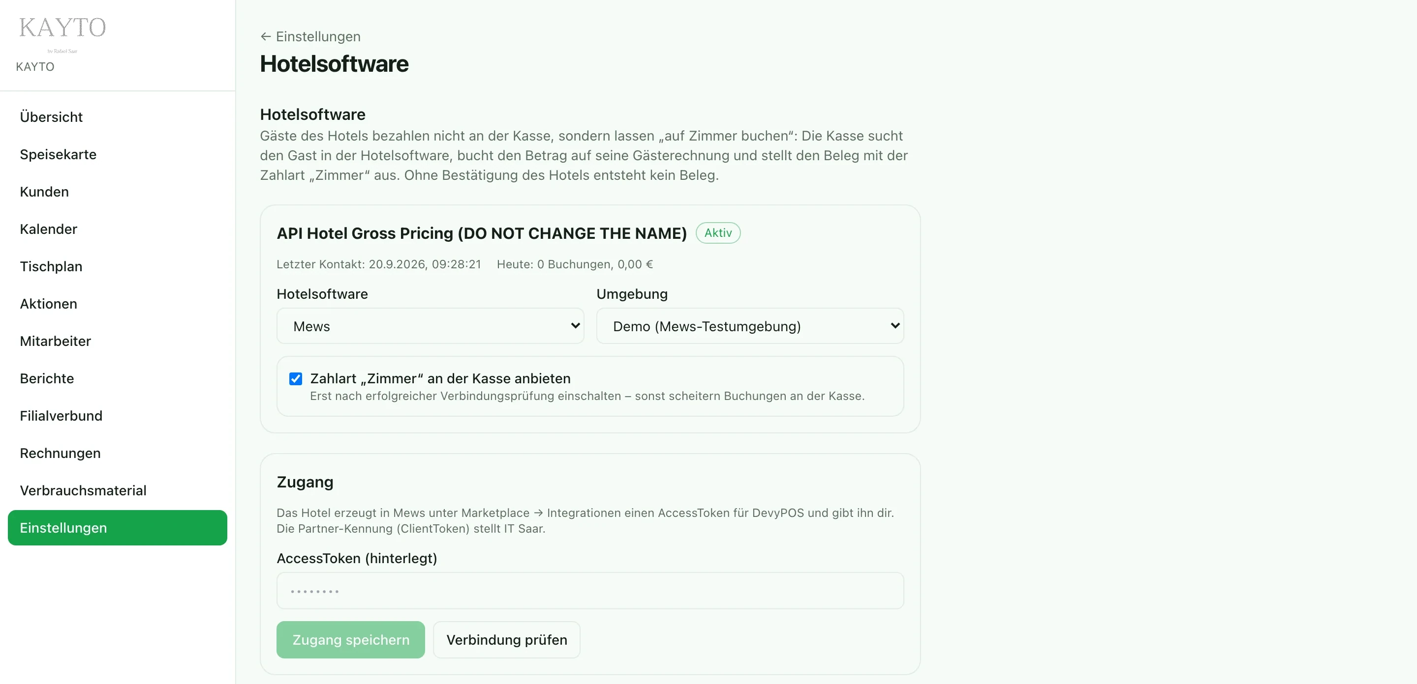 Einstellungen → Hotelsoftware: verbunden und eingeschaltet, mit Buchungsziel und Bezeichnung auf der Gästerechnung.